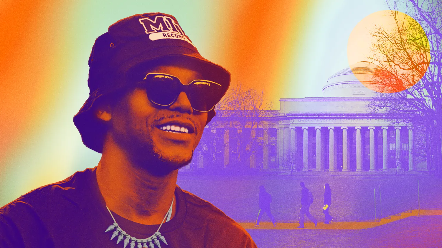 Lupe Fiasco against an image of the Dome that's been tinted orange, green, and purple