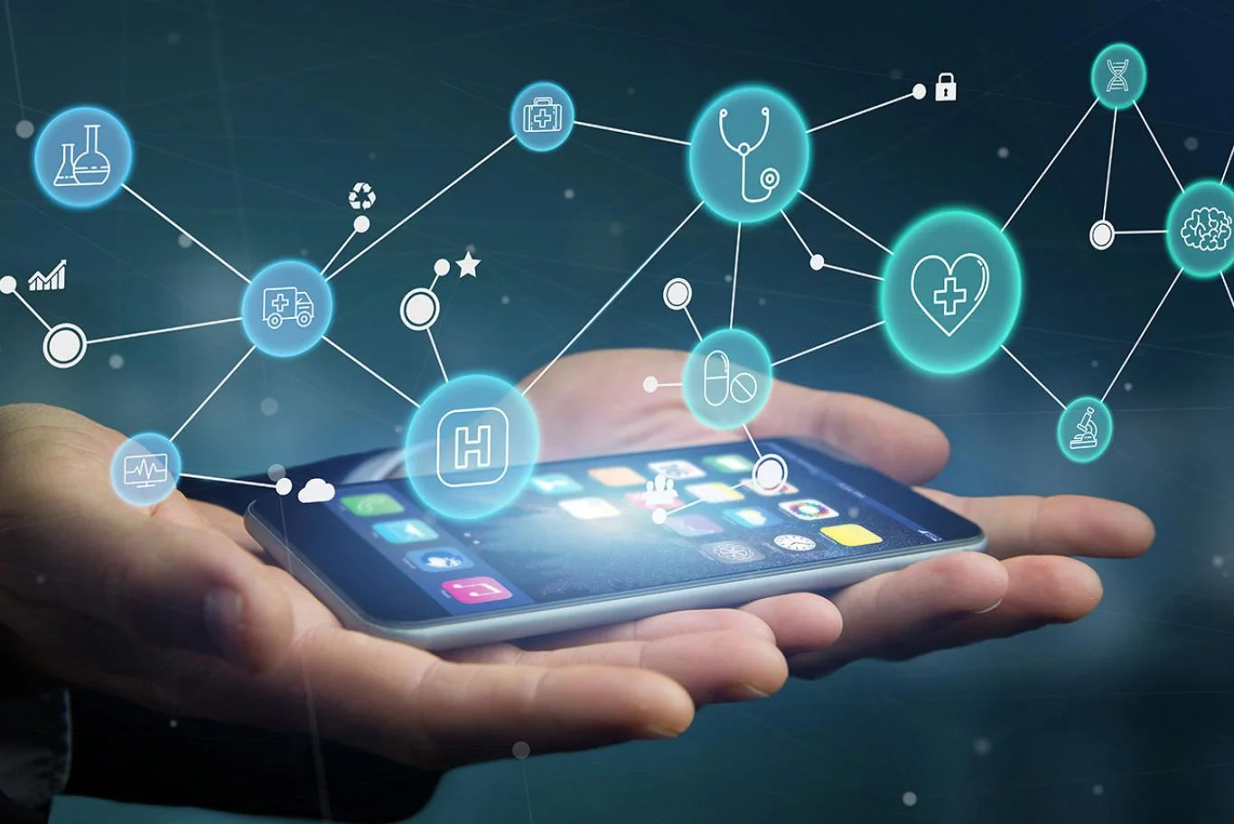 A hand holds a mobile phone, with a network of health and science icons displayed above it