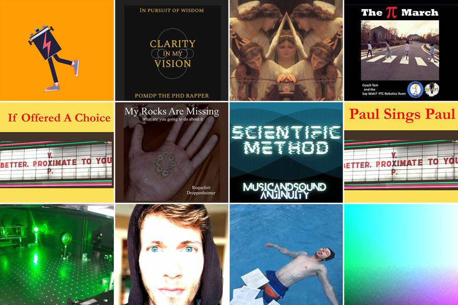 12 album covers arranged in a 4x3 grid. They feature images like a walking battery, green lasers, 4 people walking on a cross walk like The Beatles’ Abbey Road, and a man floating in a pool. Some of the titles for the songs include: Clarity in my Vision; The Pi March; If Offered a Choice; My Rocks are Missing; Scientific Method; and Paul Sings Paul.